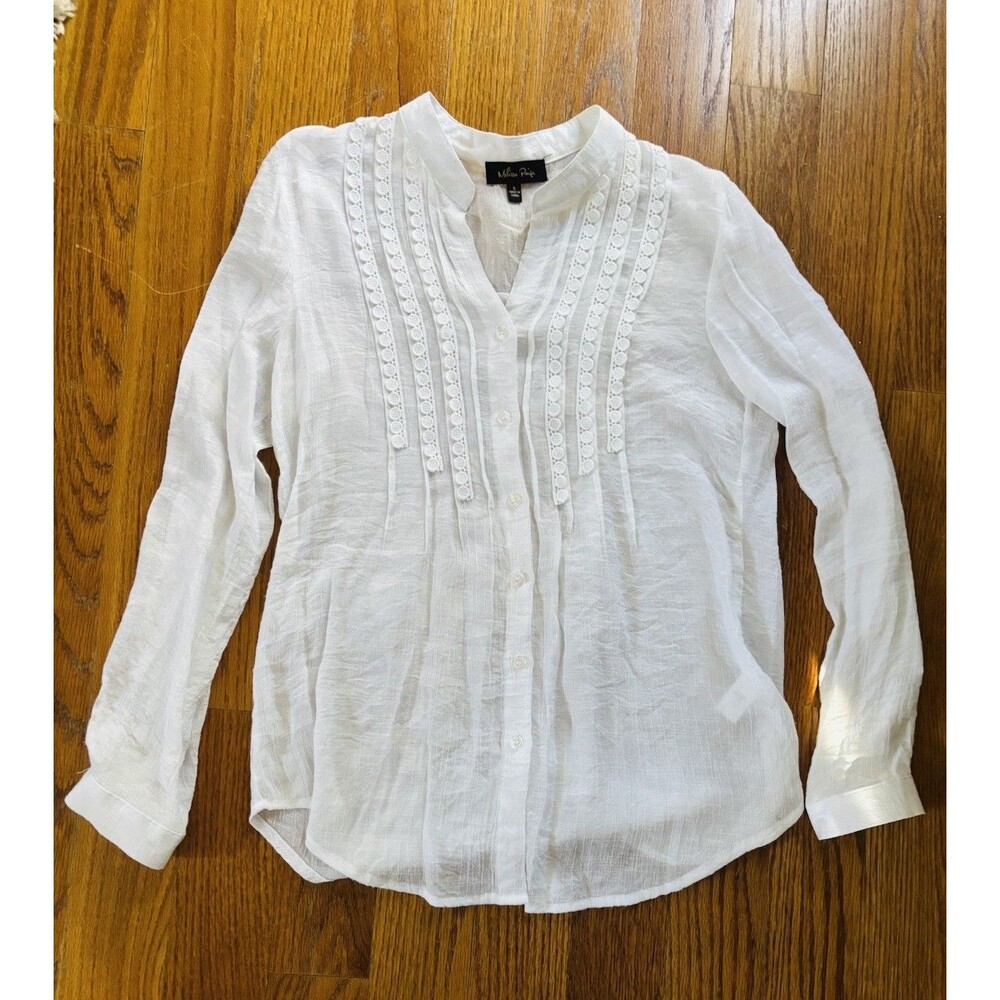 Melissa Paige White Long-Sleeve V-Neck Top Multicolor Crochet Trim Boho Small